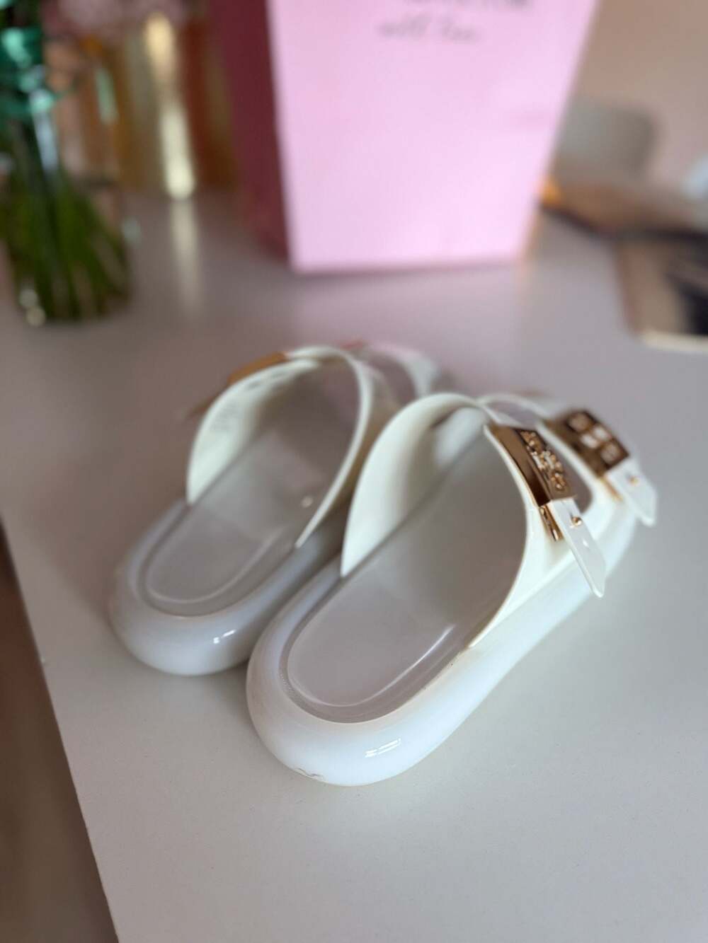 Tory Burch Buckle Bubble Jelly Slide Sandals in Ivory and Gold - Picture 4 of 7
